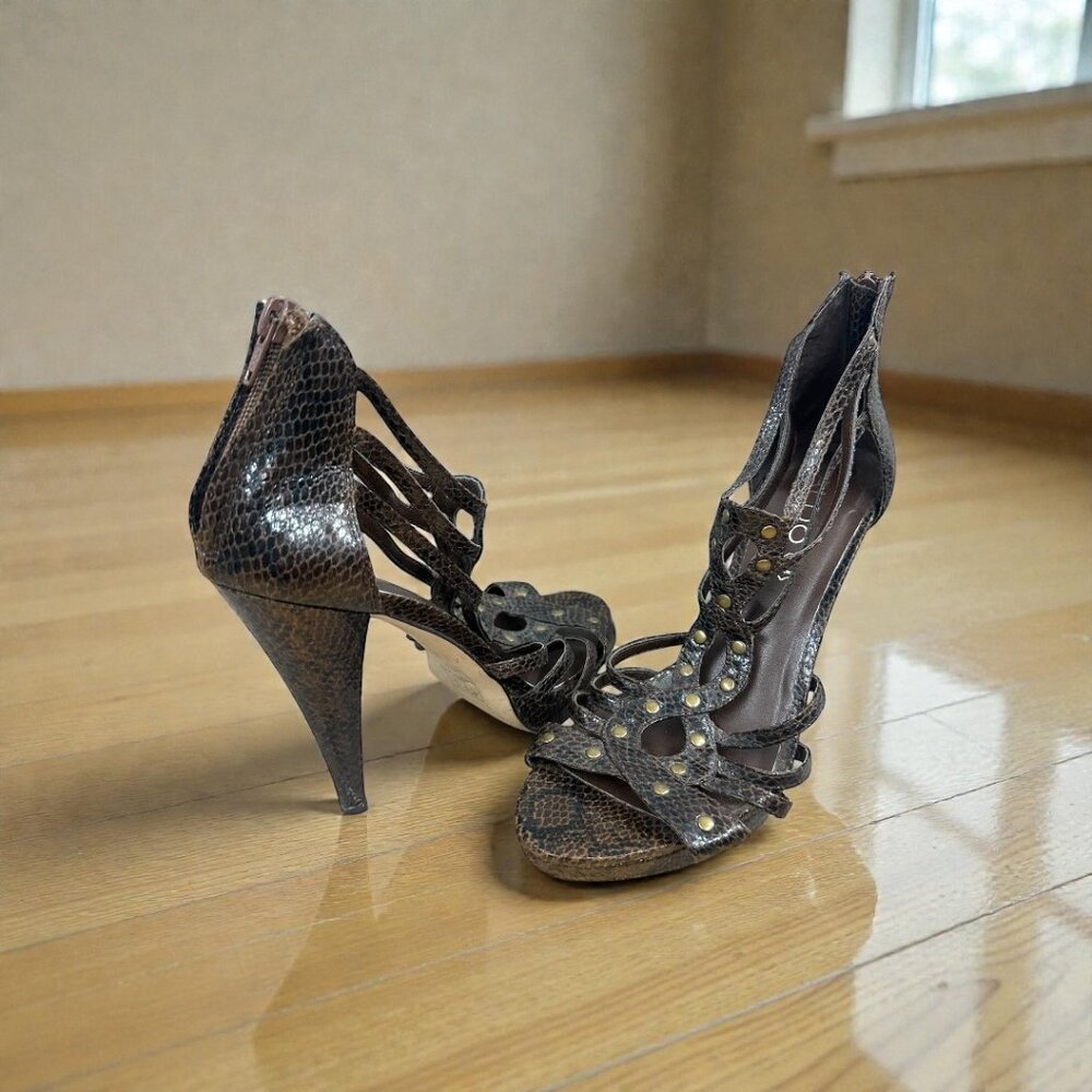 Aldo Brown Faux Snakeskin Leather‎ Studded Heel Sandals